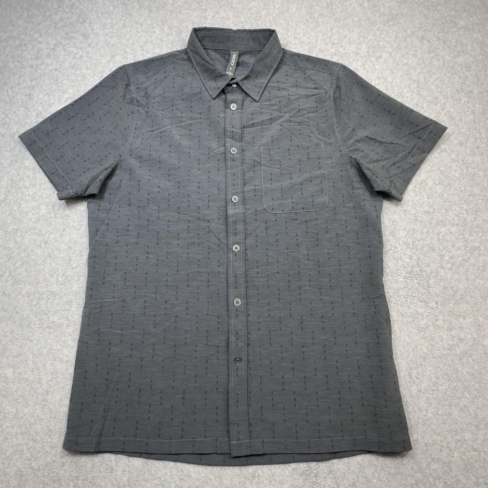 Vuori Bridge Button Down Shirt Mens Medium Gray Geometric Short Sleeve Stretch